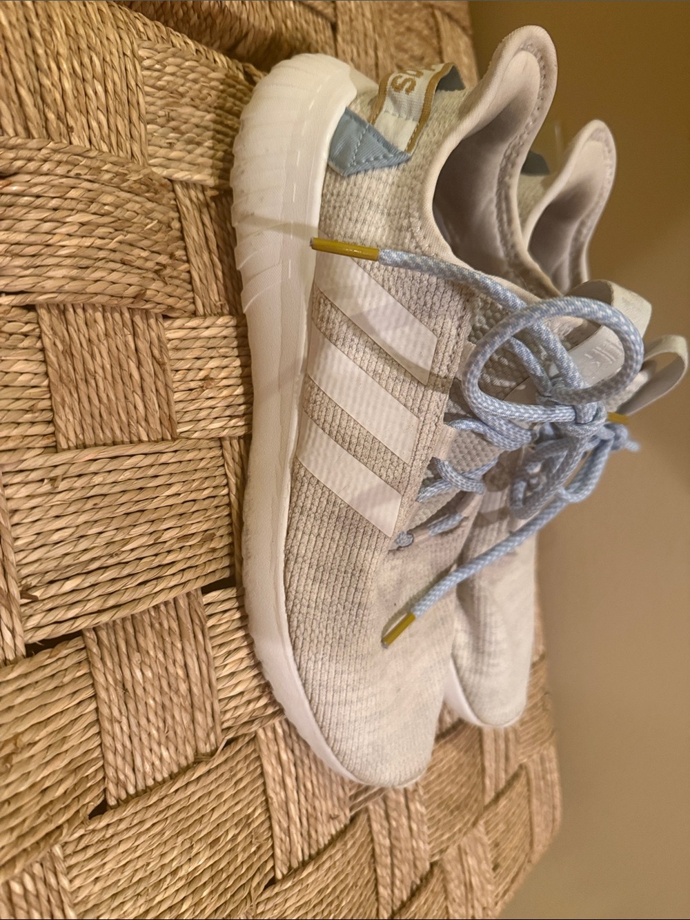 adidas Light Gray Knit Sneakers with Pale Blue Laces